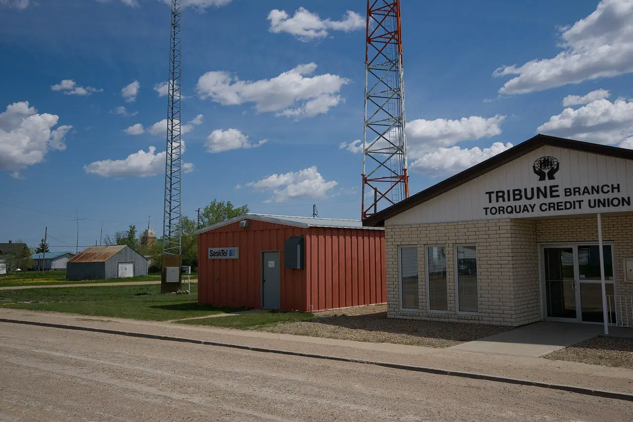 Credit union and SaskTel building on the street, 2009